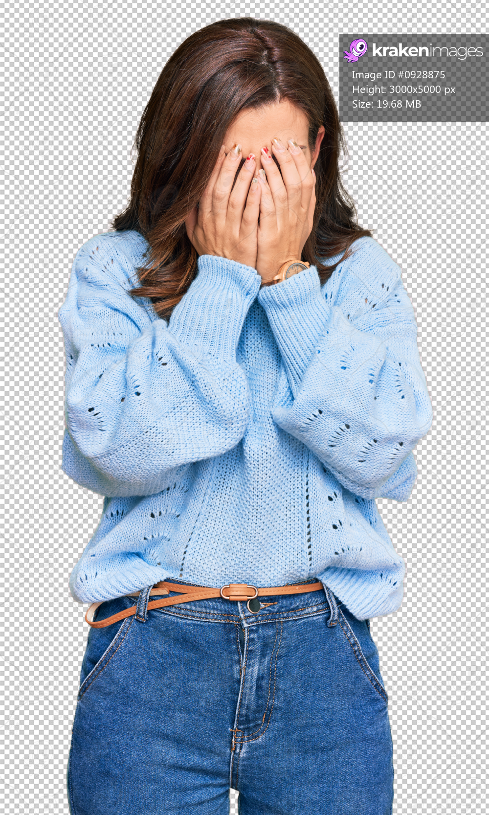Young brunette woman wearing casual winter sweater with sad expression covering face with hands while crying. depression concept.