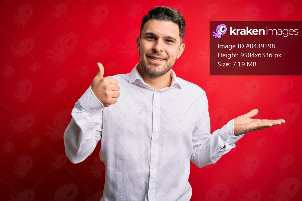 Young business man with blue eyes wearing elegant shirt standing over red isolated background Showing palm hand and doing ok gesture with thumbs up, smiling happy and cheerful
