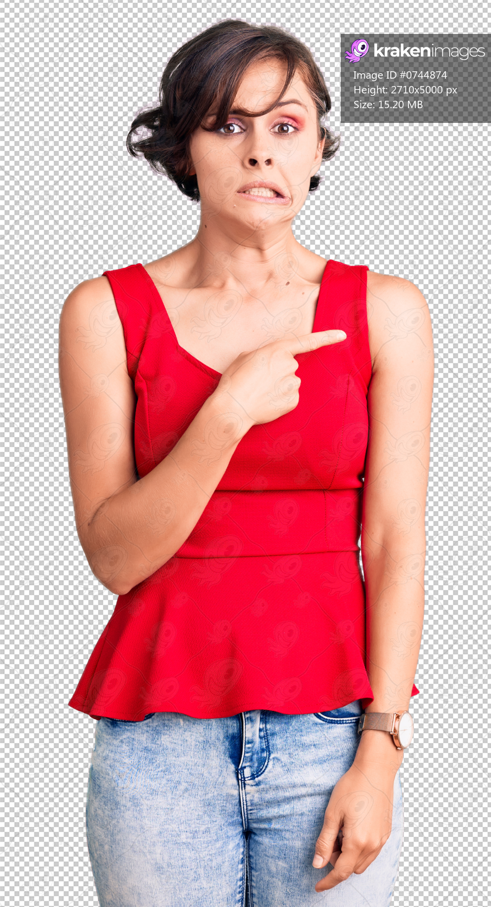 Beautiful young woman with short hair wearing casual style with sleeveless shirt pointing aside worried and nervous with forefinger, concerned and surprised expression