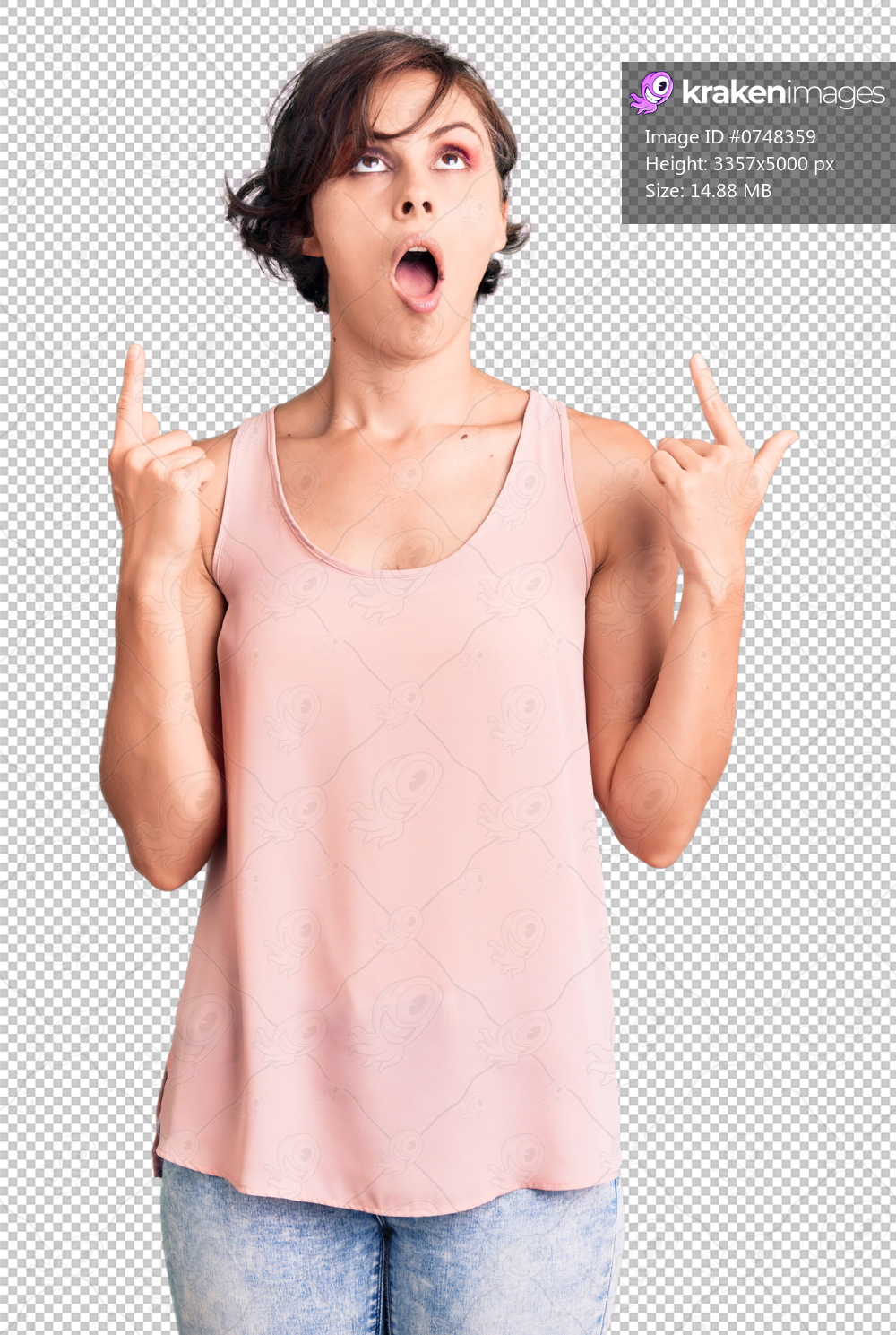 Beautiful young woman with short hair wearing casual style with sleeveless shirt amazed and surprised looking up and pointing with fingers and raised arms.