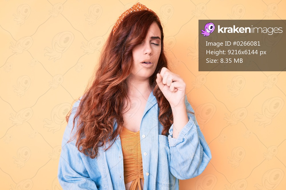 Young beautiful woman wearing casual clothes feeling unwell and coughing as symptom for cold or bronchitis. health care concept. 