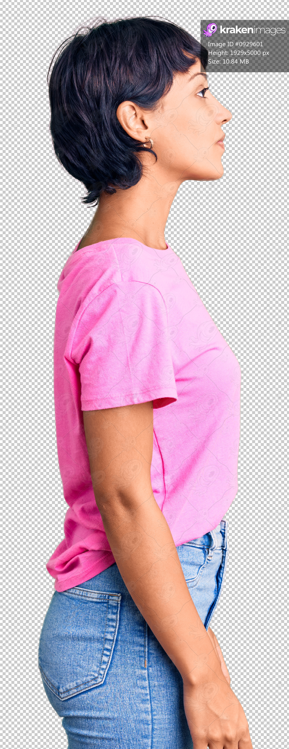 Young brunette woman with short hair wearing casual clothes looking to side, relax profile pose with natural face with confident smile.