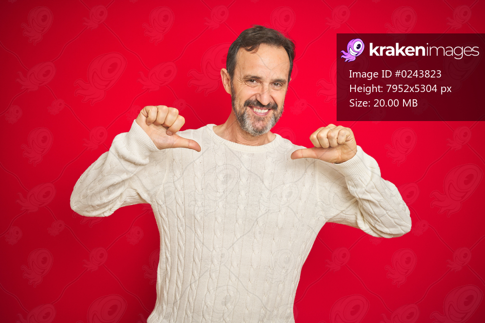 Handsome middle age senior man with grey hair over isolated red background looking confident with smile on face, pointing oneself with fingers proud and happy.