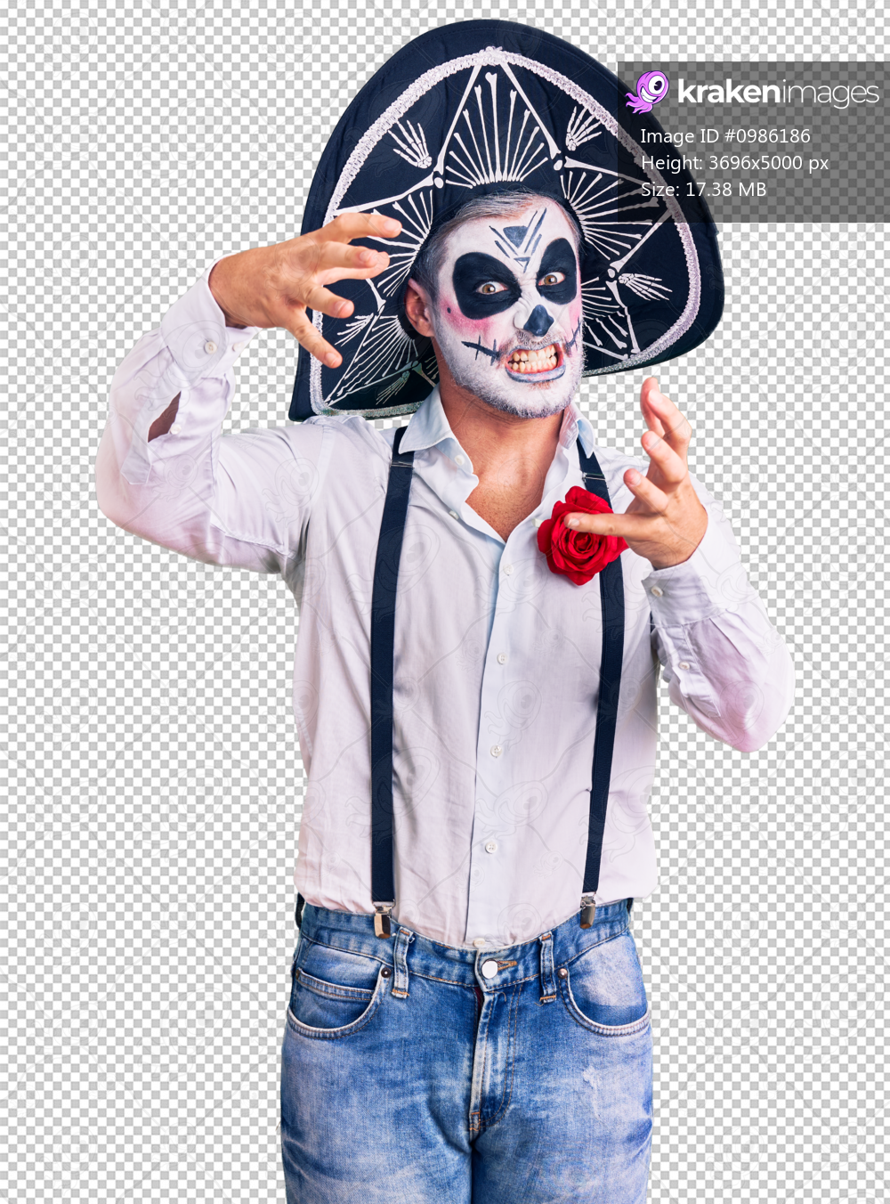 Man wearing day of the dead costume over background shouting frustrated with rage, hands trying to strangle, yelling mad