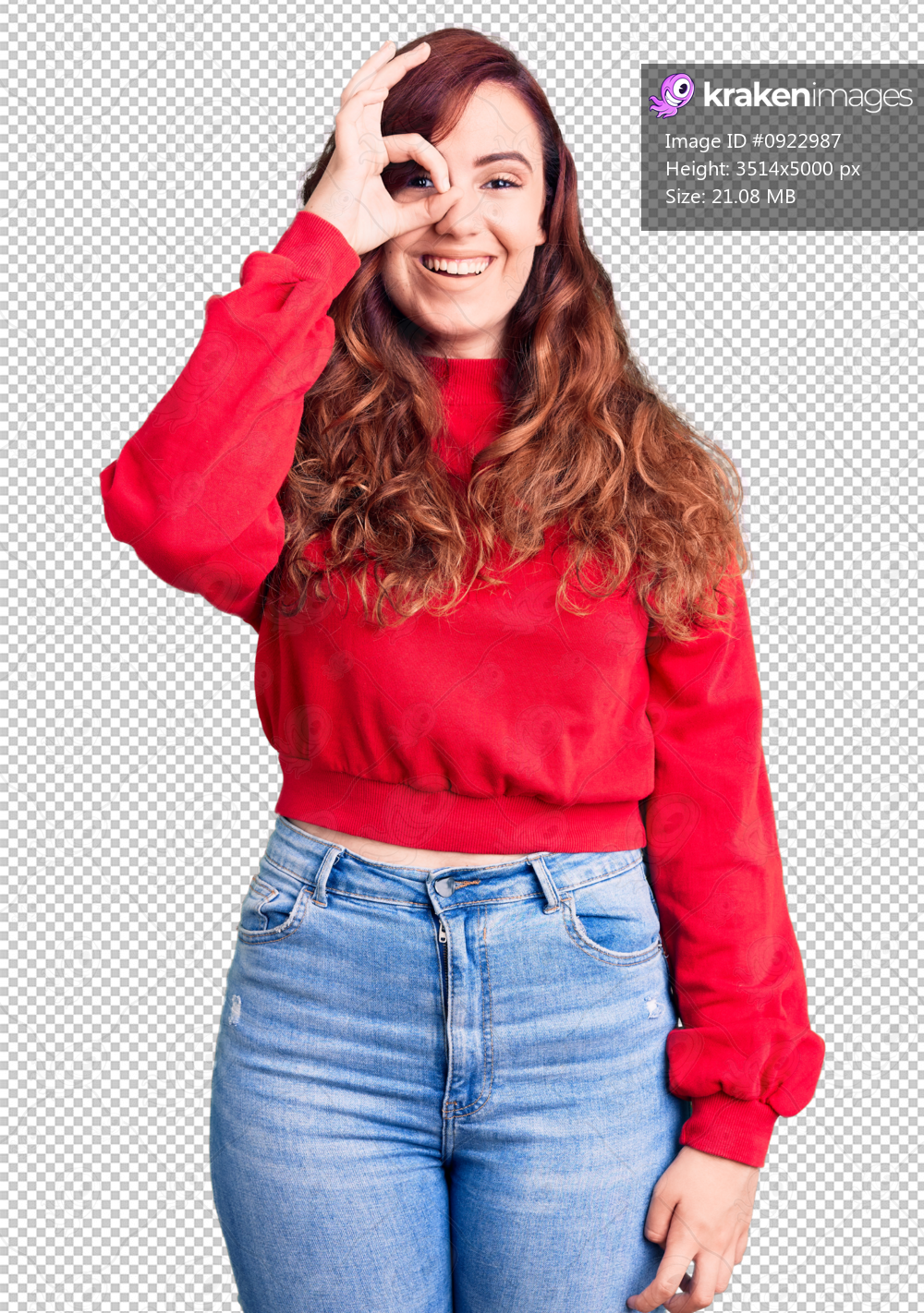 Young beautiful woman wearing casual winter sweater doing ok gesture with hand smiling, eye looking through fingers with happy face.
