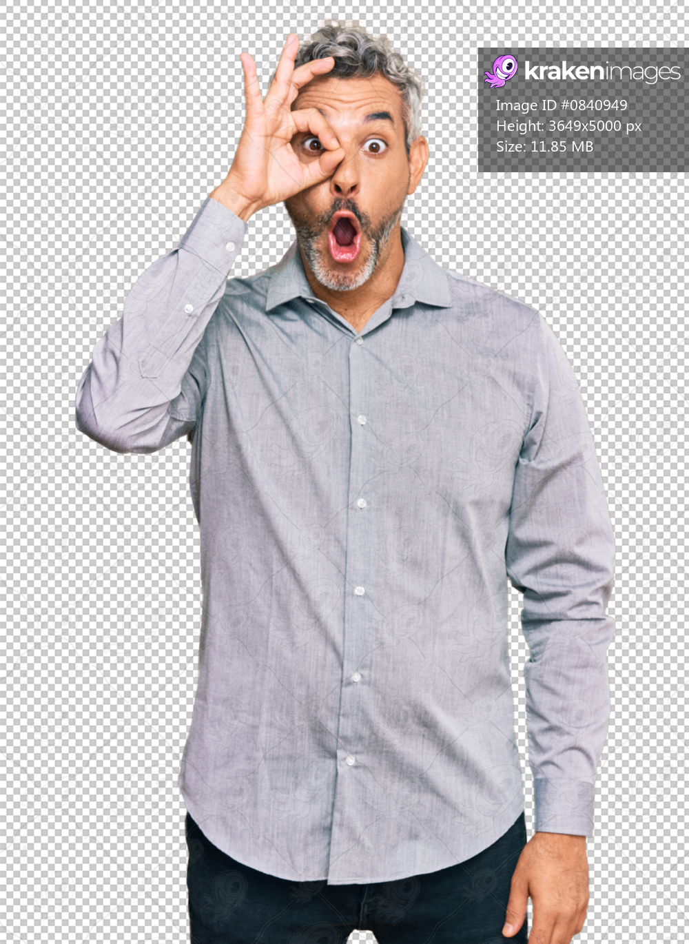 Middle age grey-haired man wearing casual clothes doing ok gesture shocked with surprised face, eye looking through fingers. unbelieving expression.