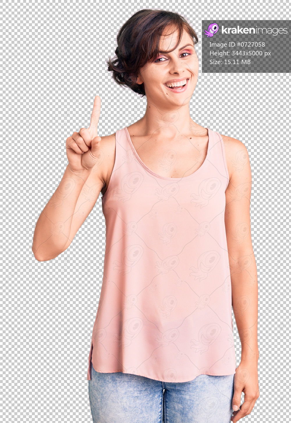 Beautiful young woman with short hair wearing casual style with sleeveless shirt showing and pointing up with finger number one while smiling confident and happy.