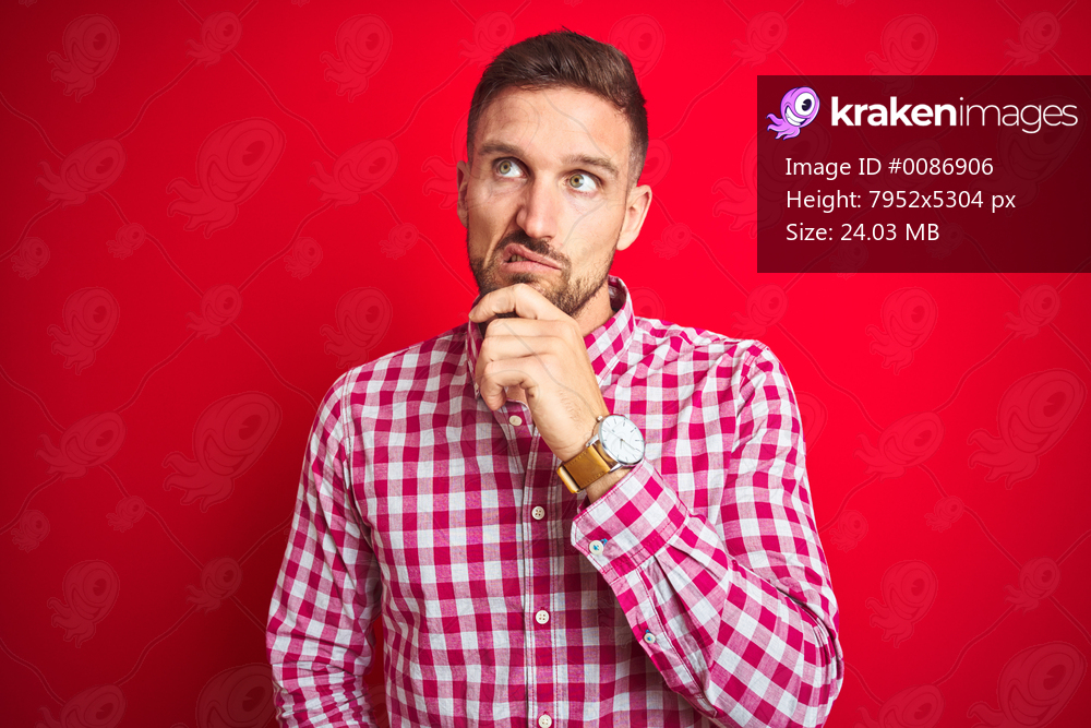 Young handsome man over red isolated background Thinking worried about a question, concerned and nervous with hand on chin