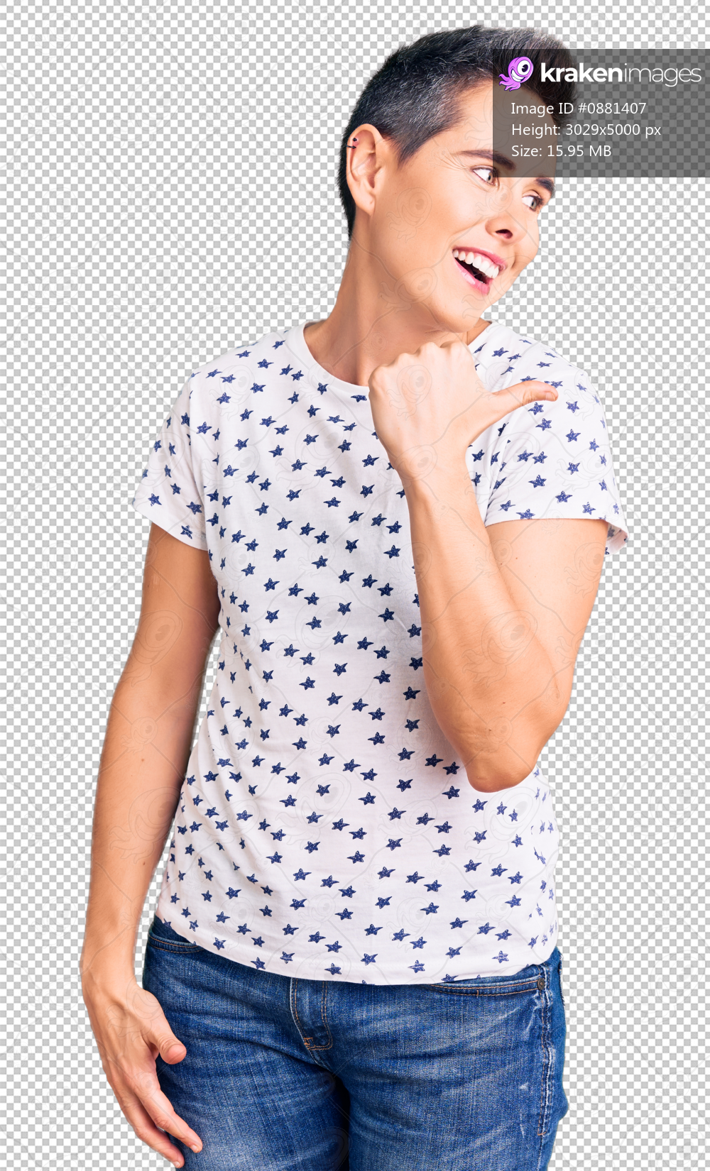 Young woman with short hair wearing casual clothes smiling with happy face looking and pointing to the side with thumb up.