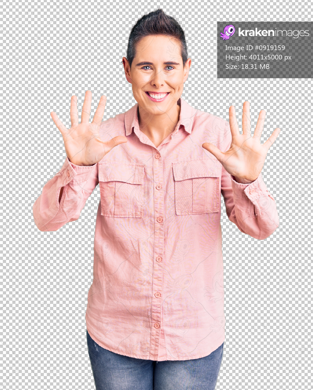 Young woman with short hair wearing casual clothes showing and pointing up with fingers number ten while smiling confident and happy.