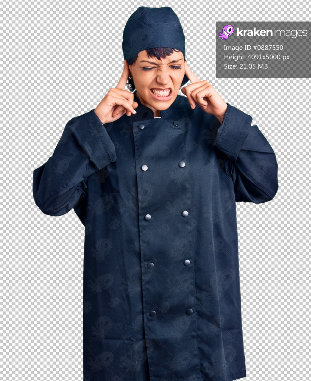 Young brunette woman with short hair wearing professional cook uniform covering ears with fingers with annoyed expression for the noise of loud music. deaf concept.