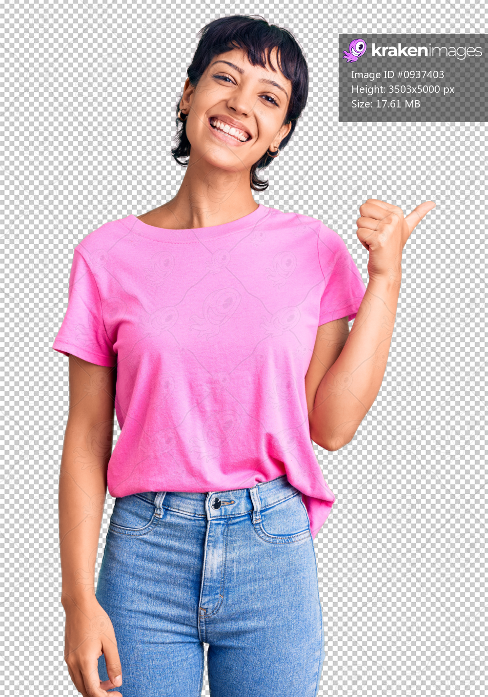 Young brunette woman with short hair wearing casual clothes smiling with happy face looking and pointing to the side with thumb up.