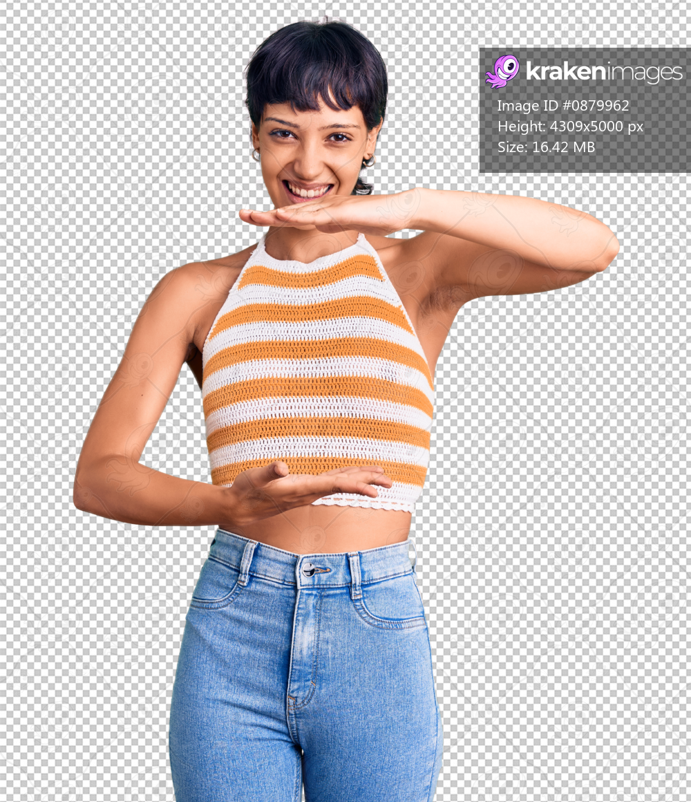 Young brunette woman with short hair wearing casual clothes gesturing with hands showing big and large size sign, measure symbol. smiling looking at the camera. measuring concept.