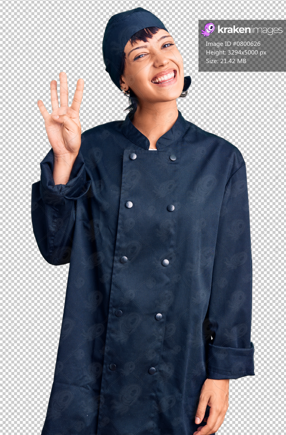 Young brunette woman with short hair wearing professional cook uniform showing and pointing up with fingers number four while smiling confident and happy.