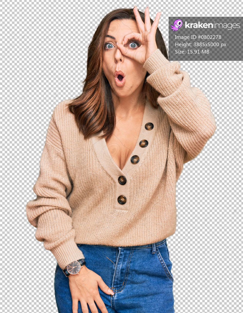 Young brunette woman wearing casual winter sweater doing ok gesture shocked with surprised face, eye looking through fingers. unbelieving expression.