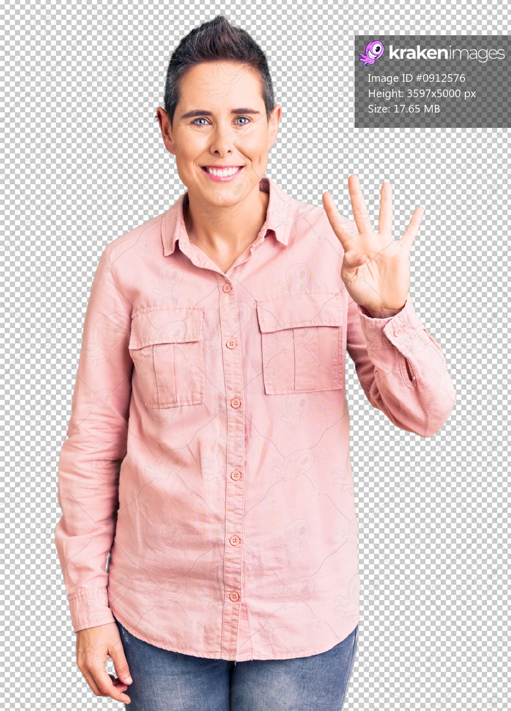 Young woman with short hair wearing casual clothes showing and pointing up with fingers number four while smiling confident and happy.