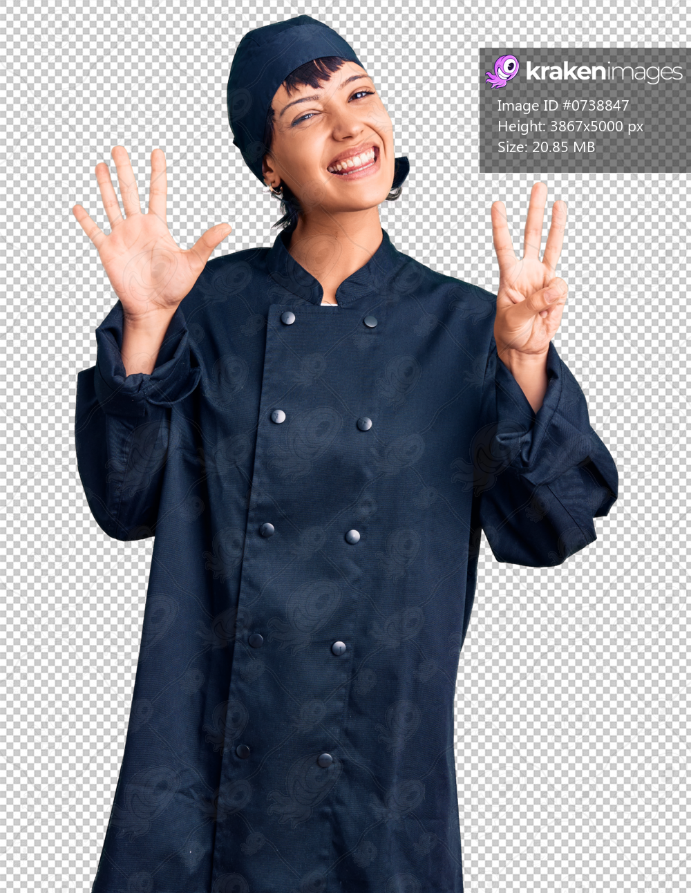 Young brunette woman with short hair wearing professional cook uniform showing and pointing up with fingers number eight while smiling confident and happy.