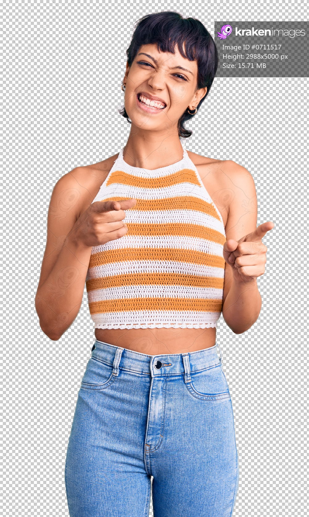 Young brunette woman with short hair wearing casual clothes pointing fingers to camera with happy and funny face. good energy and vibes.