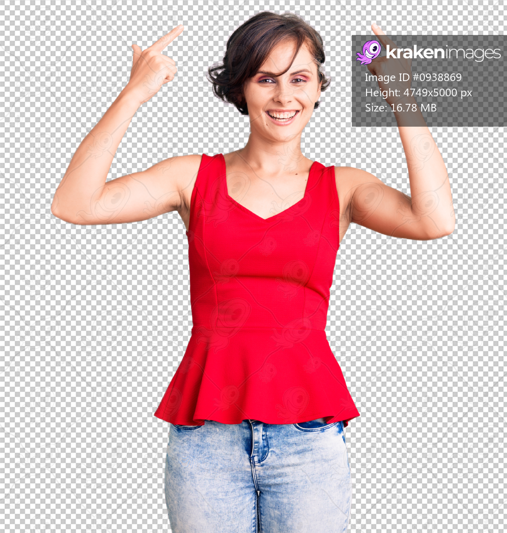 Beautiful young woman with short hair wearing casual style with sleeveless shirt smiling pointing to head with both hands finger, great idea or thought, good memory