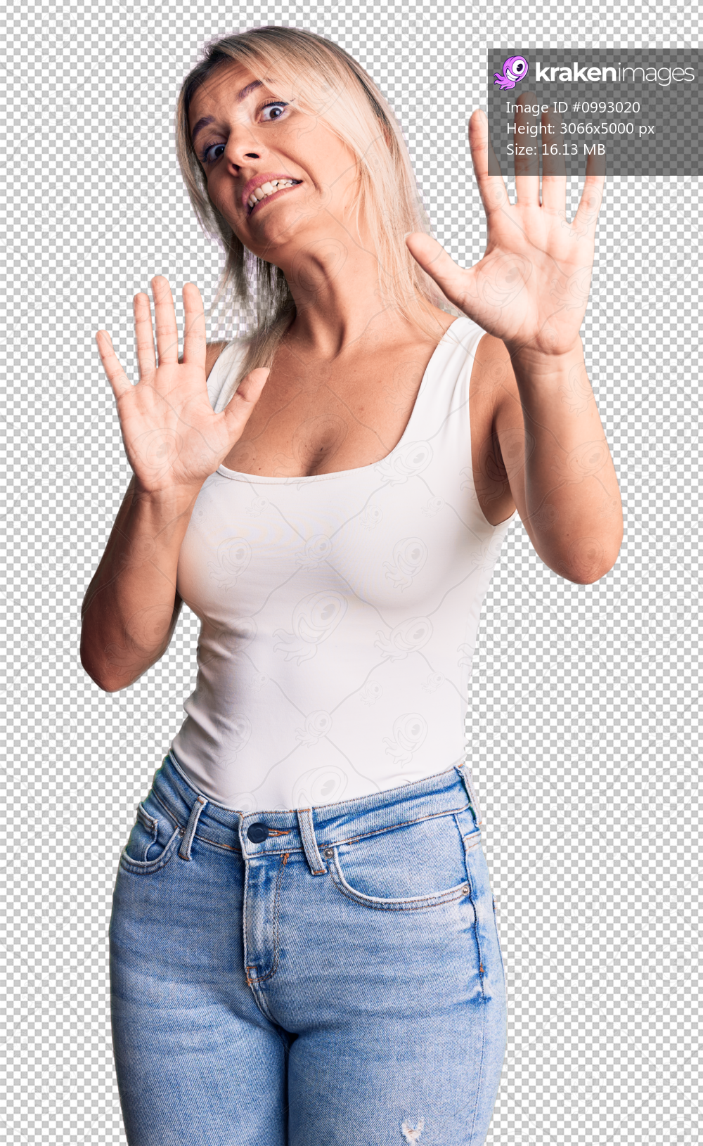 Young beautiful blonde woman wearing casual sleeveless t-shirt afraid and terrified with fear expression stop gesture with hands, shouting in shock. panic concept.