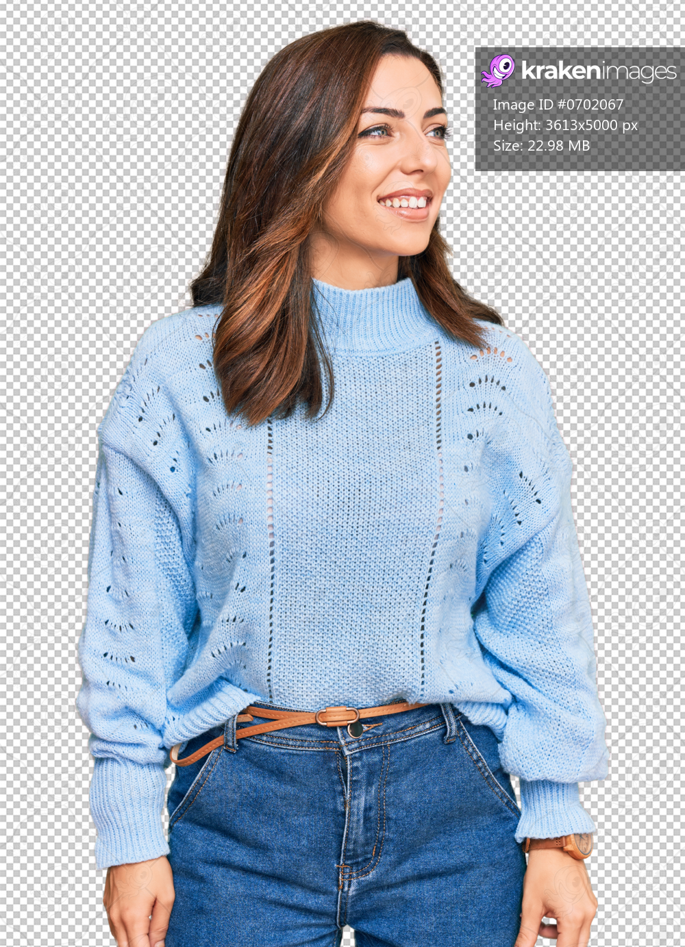 Young brunette woman wearing casual winter sweater looking away to side with smile on face, natural expression. laughing confident.