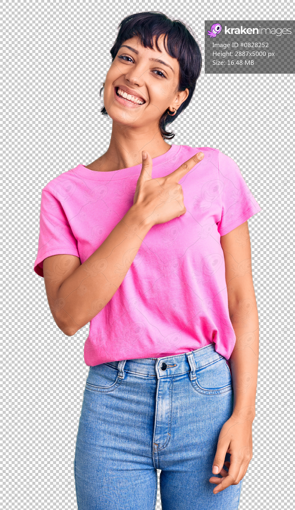 Young brunette woman with short hair wearing casual clothes cheerful with a smile of face pointing with hand and finger up to the side with happy and natural expression on face