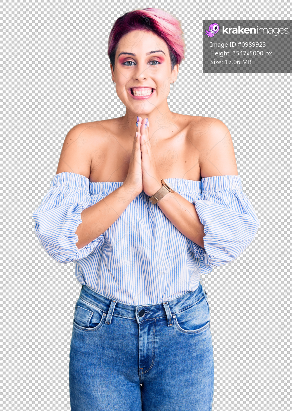 Young beautiful woman with pink hair wearing casual clothes praying with hands together asking for forgiveness smiling confident.