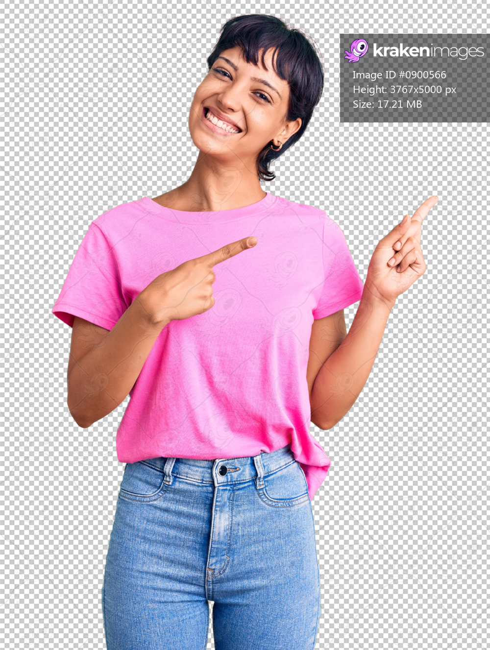 Young brunette woman with short hair wearing casual clothes smiling and looking at the camera pointing with two hands and fingers to the side.