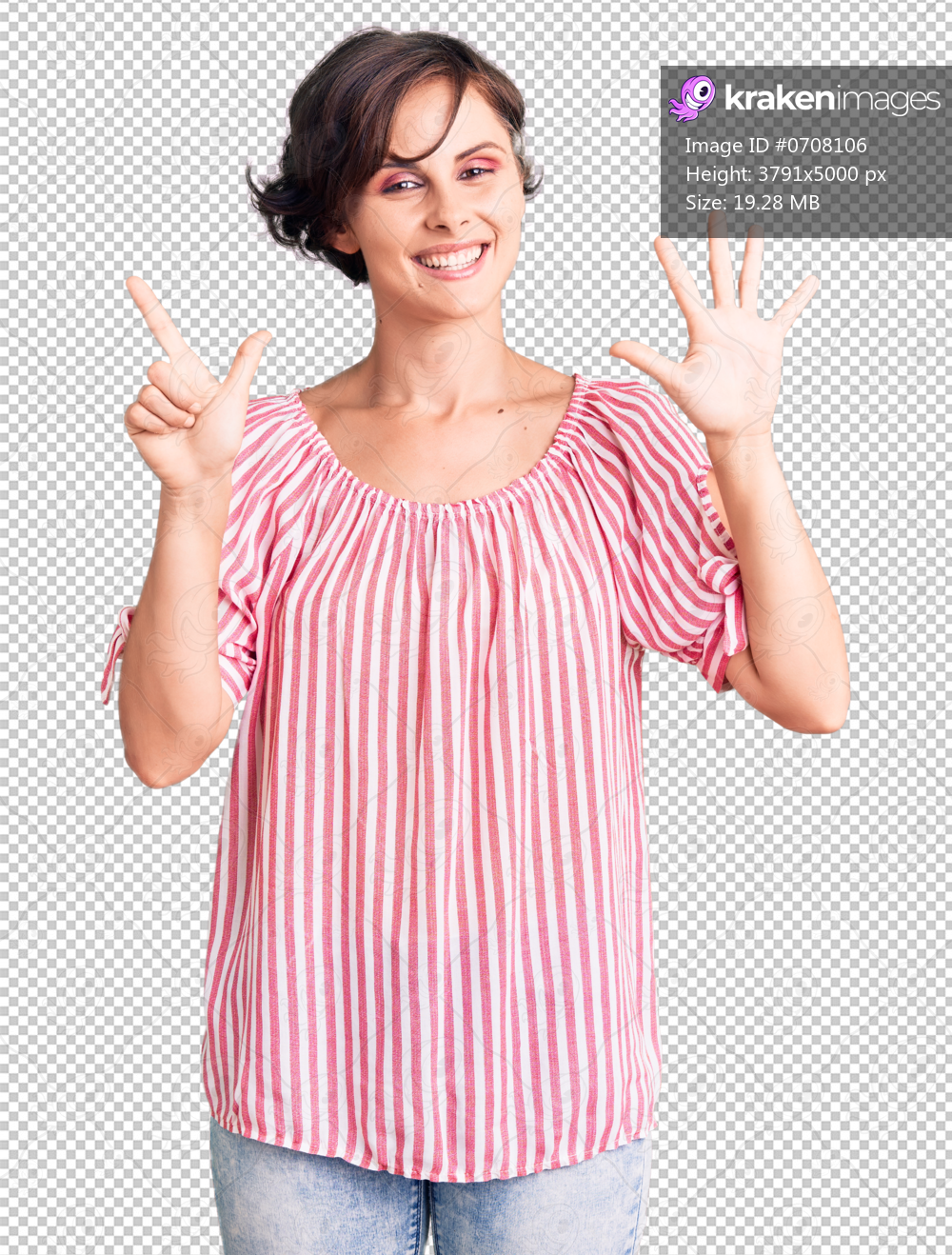 Beautiful young woman with short hair wearing casual summer clothes showing and pointing up with fingers number seven while smiling confident and happy.