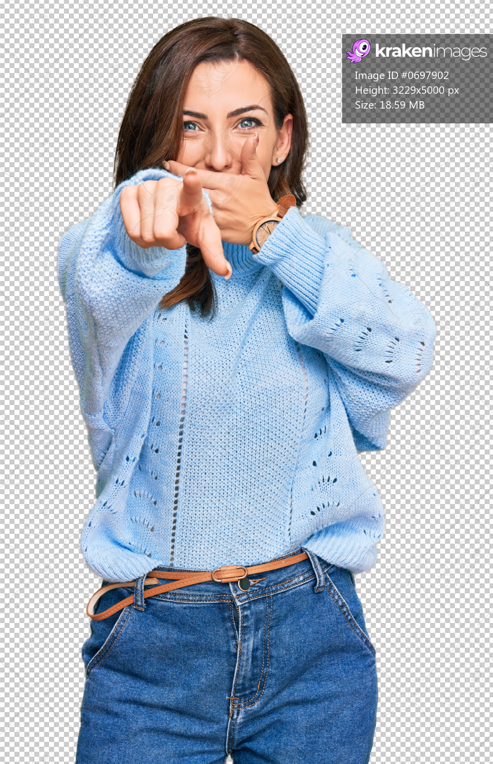 Young brunette woman wearing casual winter sweater laughing at you, pointing finger to the camera with hand over mouth, shame expression