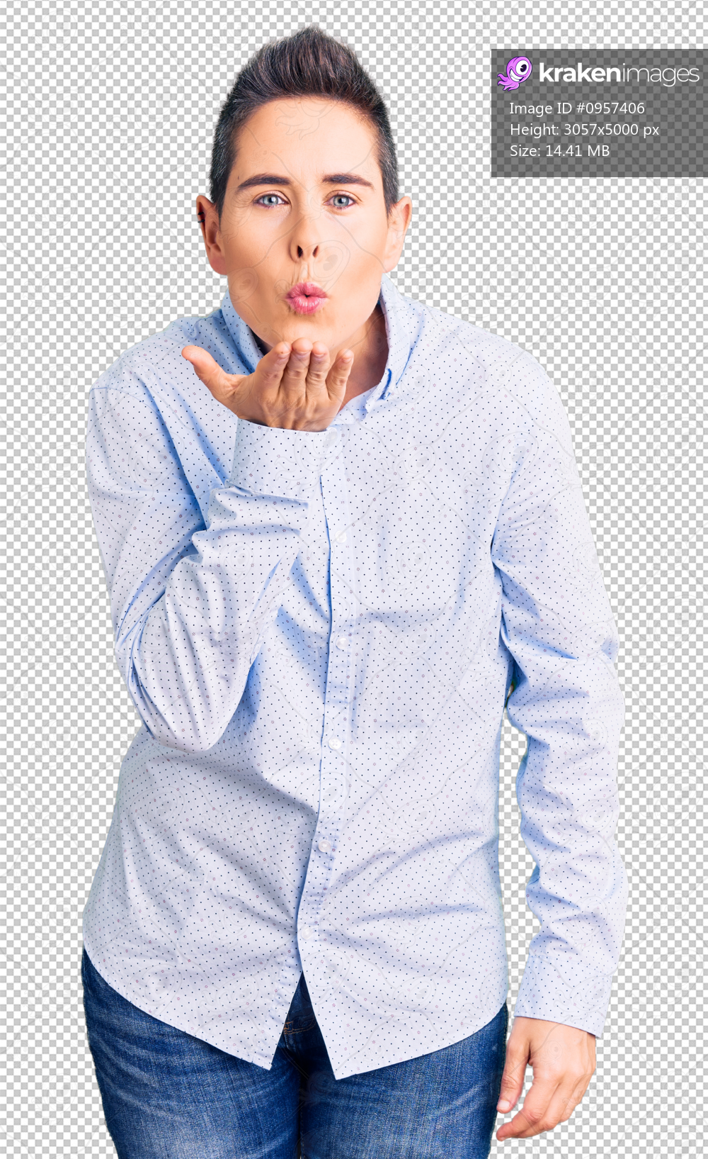 Young woman with short hair wearing business clothes looking at the camera blowing a kiss with hand on air being lovely and sexy. love expression.
