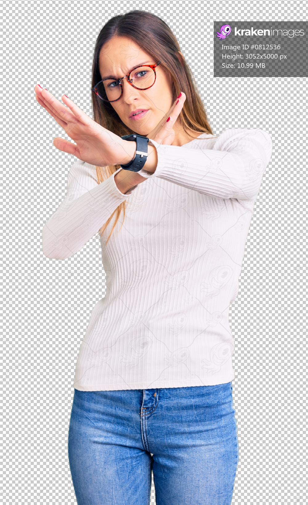 Beautiful brunette young woman wearing casual white sweater and glasses rejection expression crossing arms doing negative sign, angry face