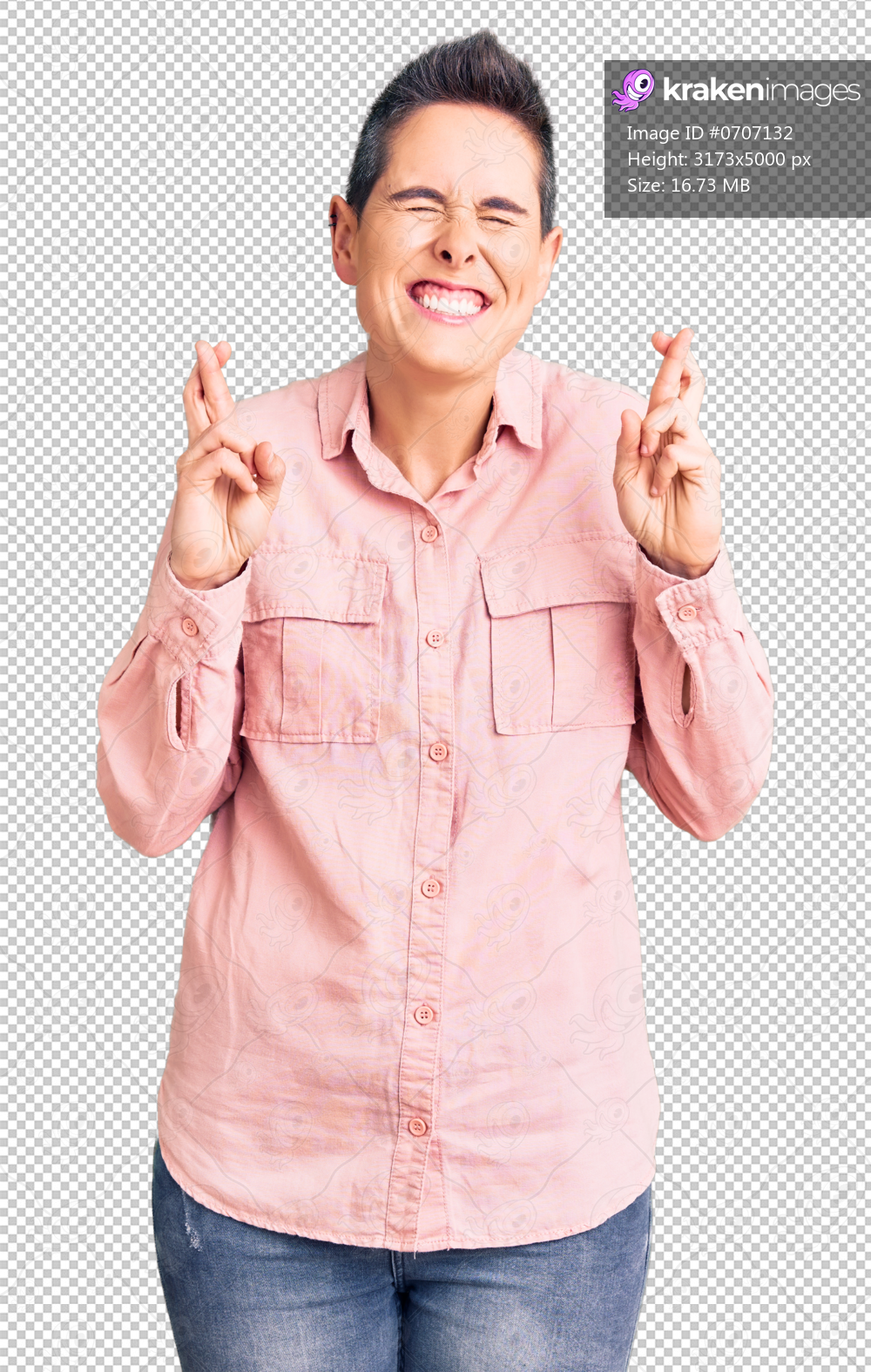 Young woman with short hair wearing casual clothes gesturing finger crossed smiling with hope and eyes closed. luck and superstitious concept.
