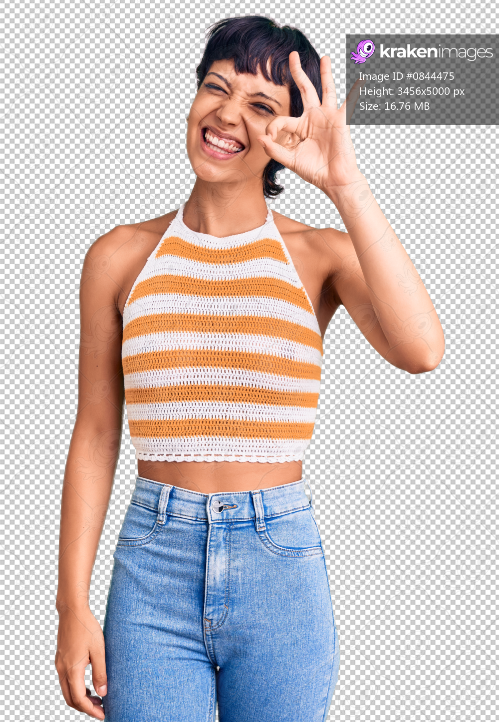 Young brunette woman with short hair wearing casual clothes smiling positive doing ok sign with hand and fingers. successful expression.