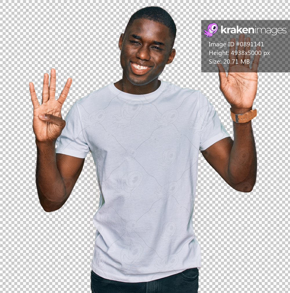 Young african american man wearing casual white t shirt showing and pointing up with fingers number nine while smiling confident and happy.