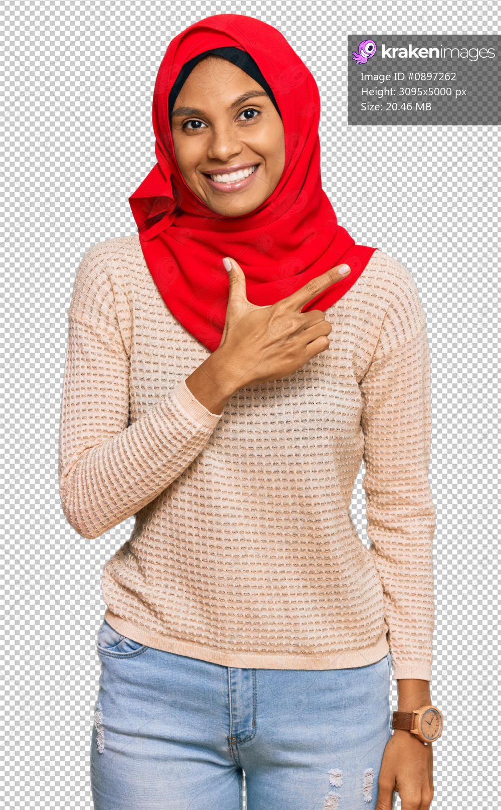 Young african american woman wearing traditional islamic hijab scarf cheerful with a smile on face pointing with hand and finger up to the side with happy and natural expression