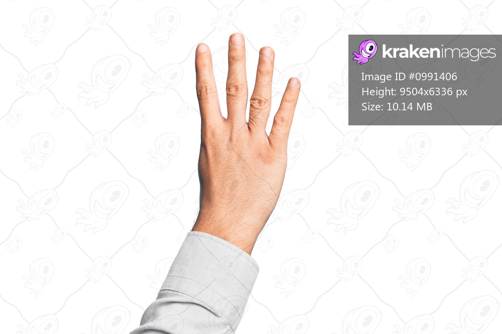 Hand of caucasian young man showing fingers over isolated white background counting number 4 showing four fingers