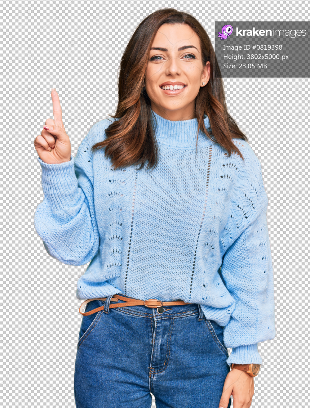 Young brunette woman wearing casual winter sweater pointing finger up with successful idea. exited and happy. number one.
