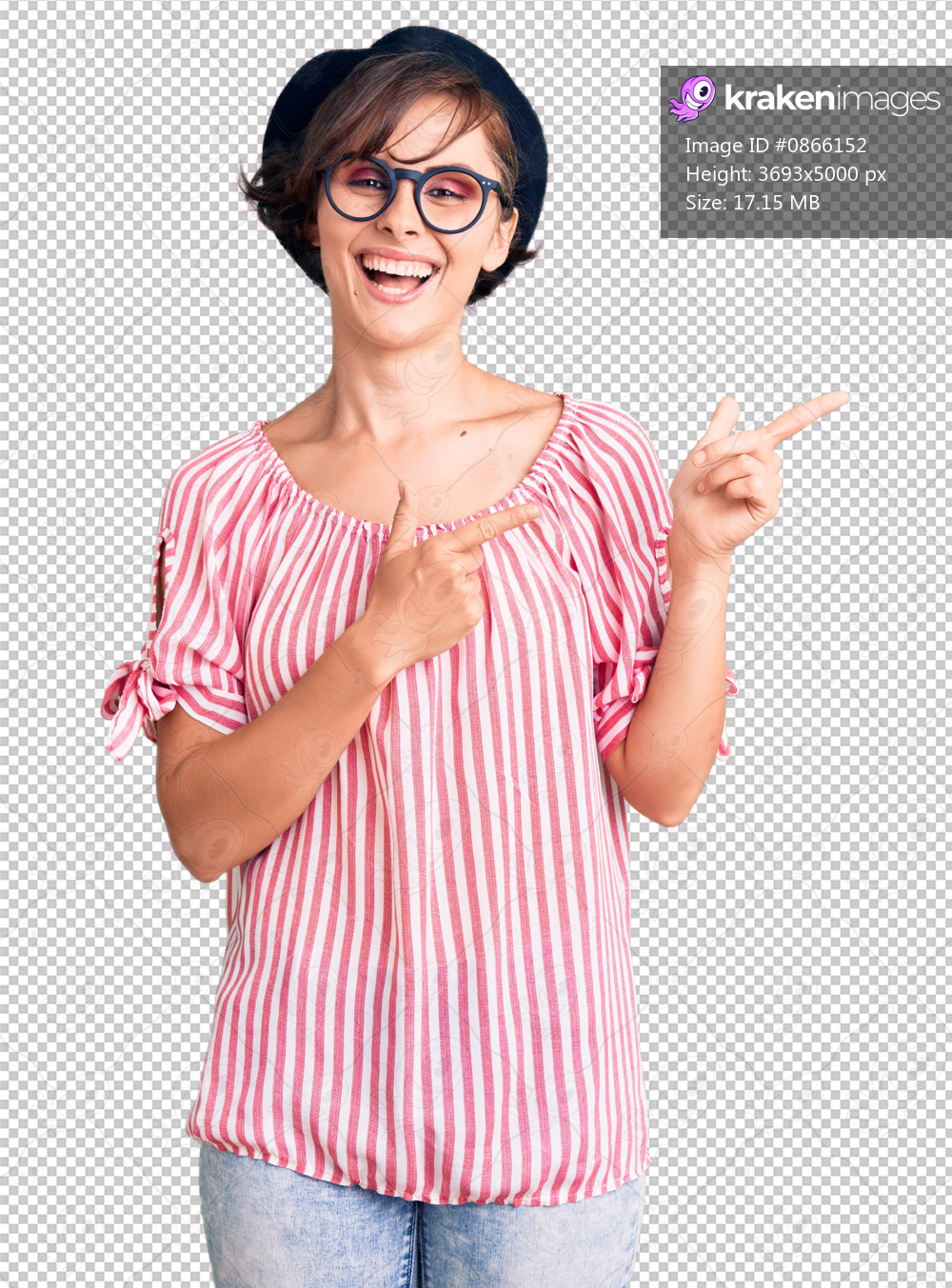 Beautiful young woman with short hair wearing casual clothes and glasses smiling and looking at the camera pointing with two hands and fingers to the side.