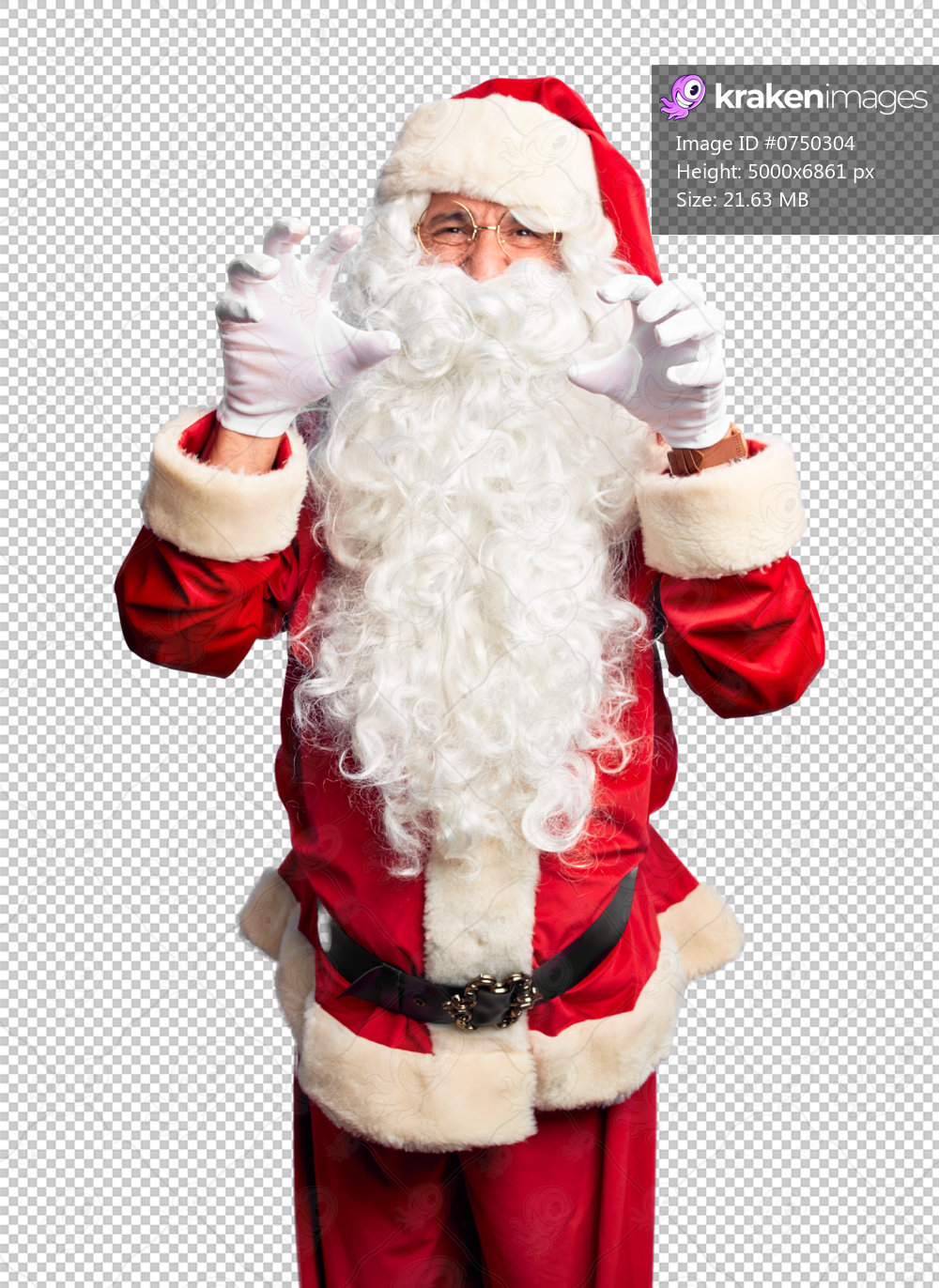 Middle age handsome man wearing Santa Claus costume and beard standing smiling funny doing claw gesture as cat, aggressive and sexy expression