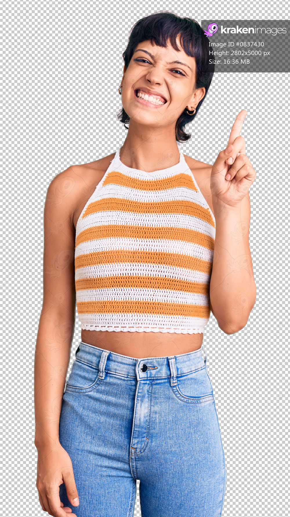 Young brunette woman with short hair wearing casual clothes pointing finger up with successful idea. exited and happy. number one.