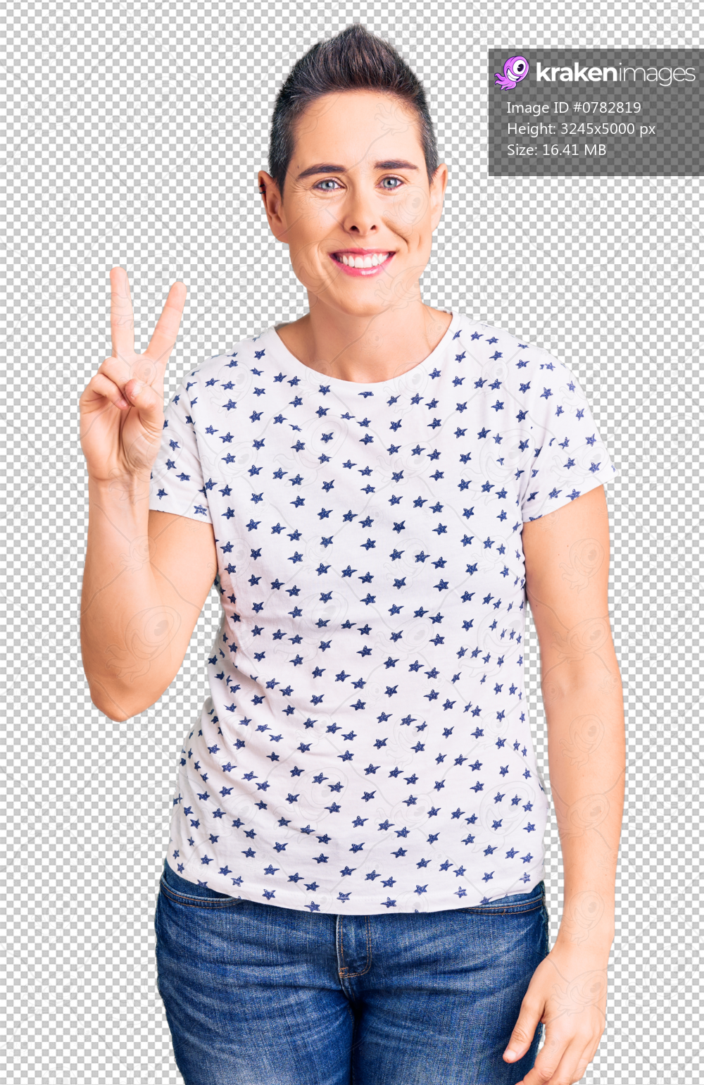 Young woman with short hair wearing casual clothes smiling with happy face winking at the camera doing victory sign. number two.