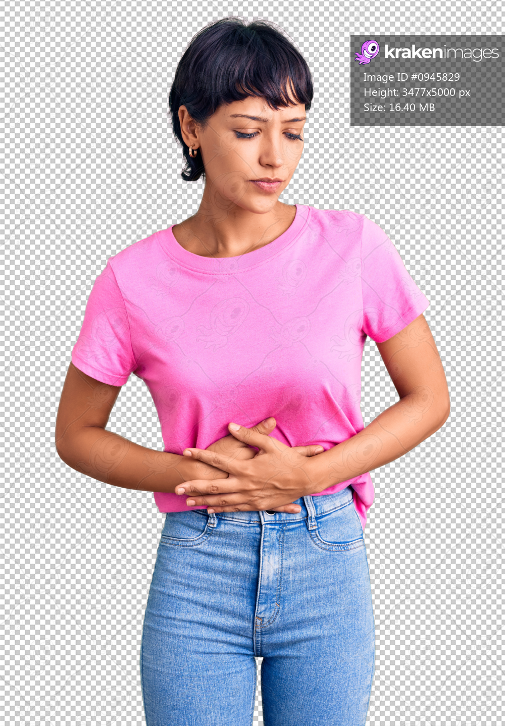 Young brunette woman with short hair wearing casual clothes with hand on stomach because indigestion, painful illness feeling unwell. ache concept.