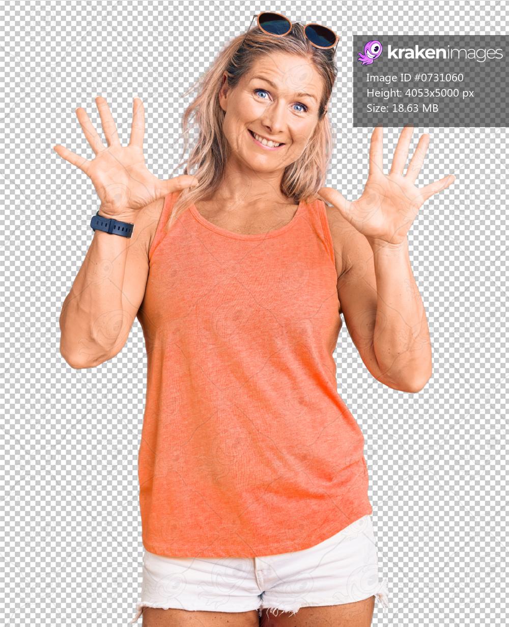 Middle age fit blonde woman wearing casual summer clothes and sunglasses showing and pointing up with fingers number ten while smiling confident and happy.