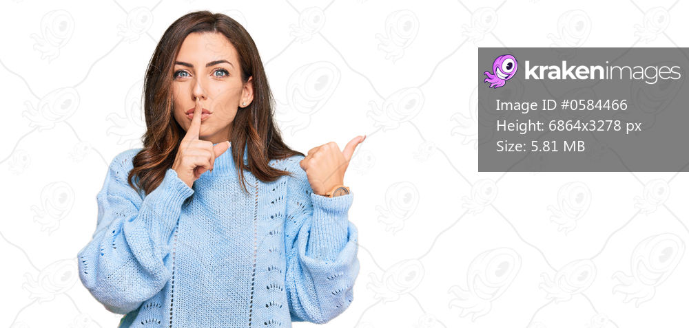Young brunette woman wearing casual winter sweater asking to be quiet with finger on lips pointing with hand to the side. silence and secret concept. 