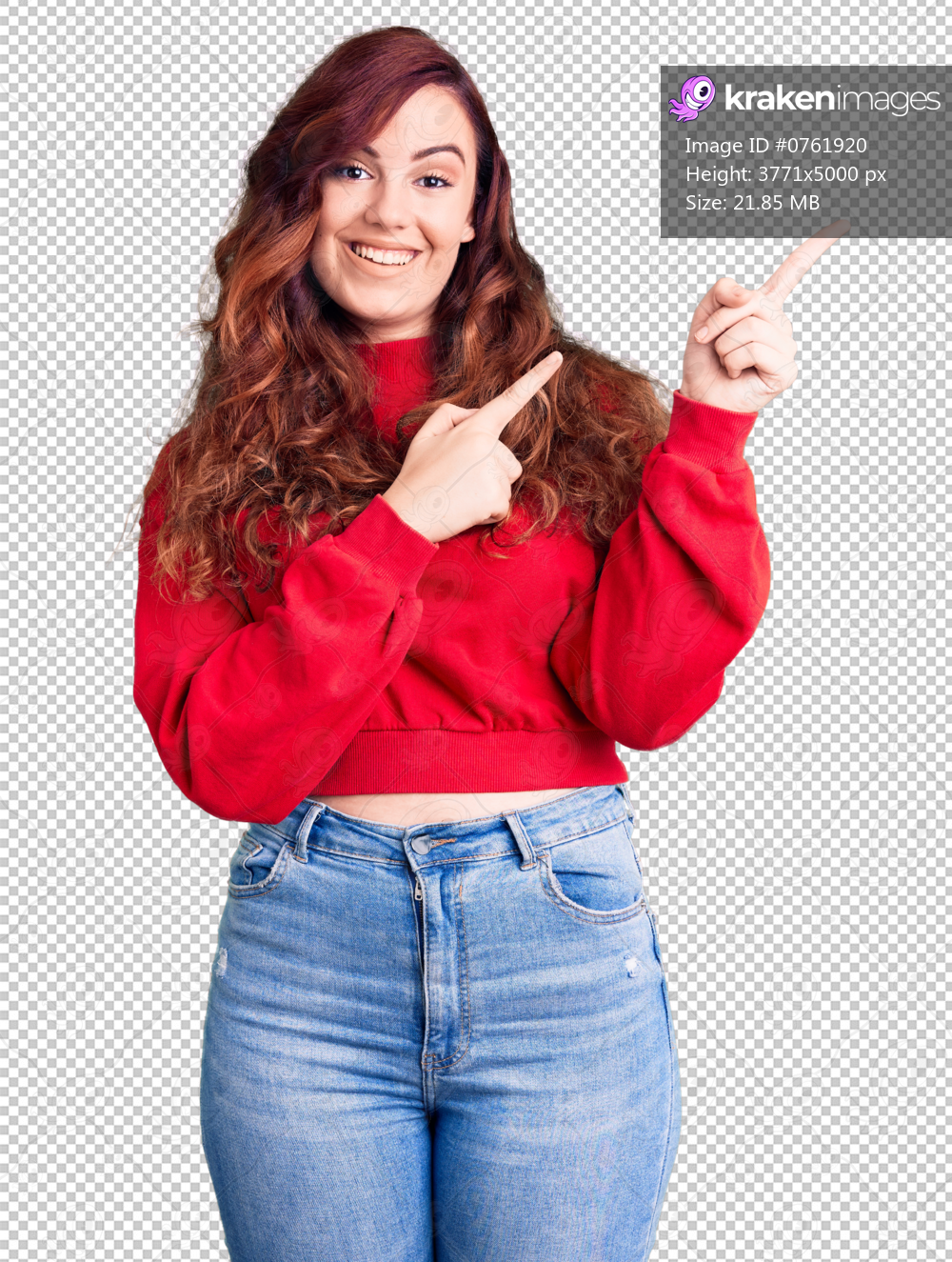 Young beautiful woman wearing casual winter sweater smiling and looking at the camera pointing with two hands and fingers to the side.