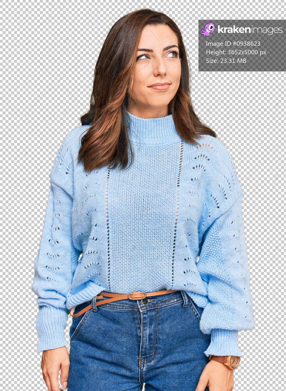Young brunette woman wearing casual winter sweater smiling looking to the side and staring away thinking.