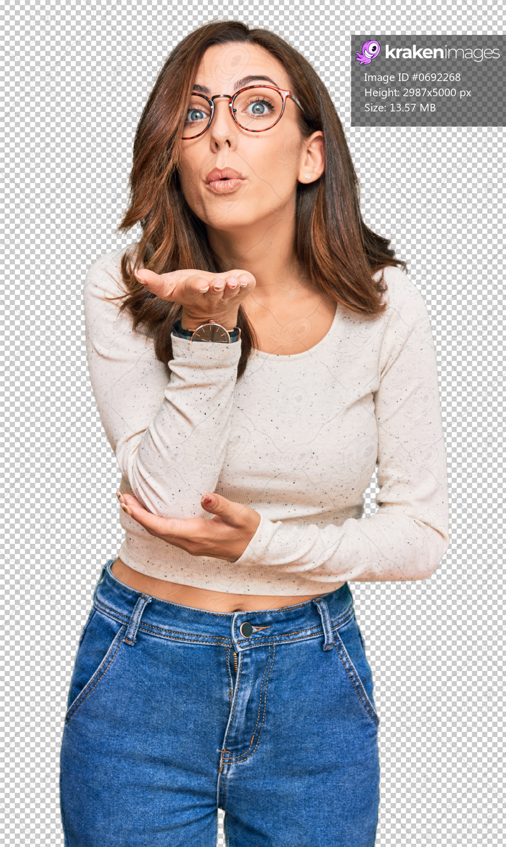 Young brunette woman wearing casual clothes and glasses looking at the camera blowing a kiss with hand on air being lovely and sexy. love expression.