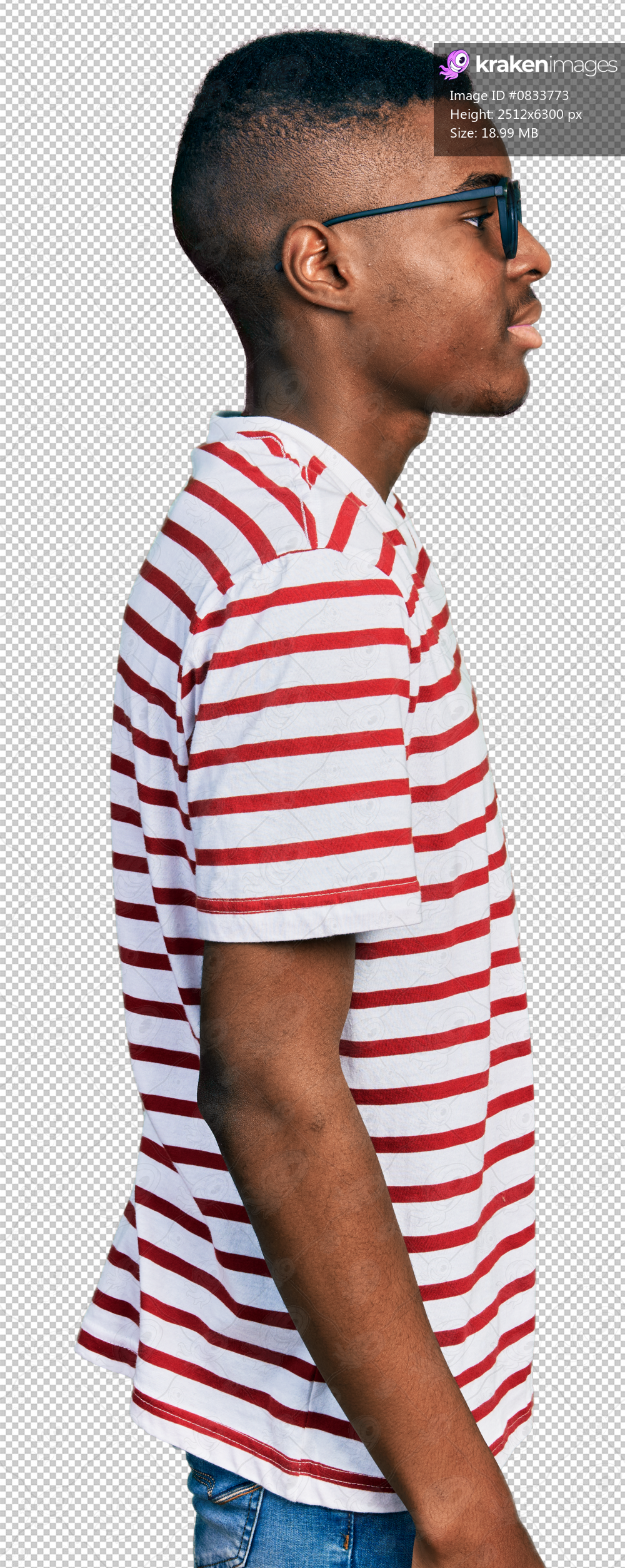 Young african american man wearing casual t shirt and glasses looking to side, relax profile pose with natural face with confident smile.