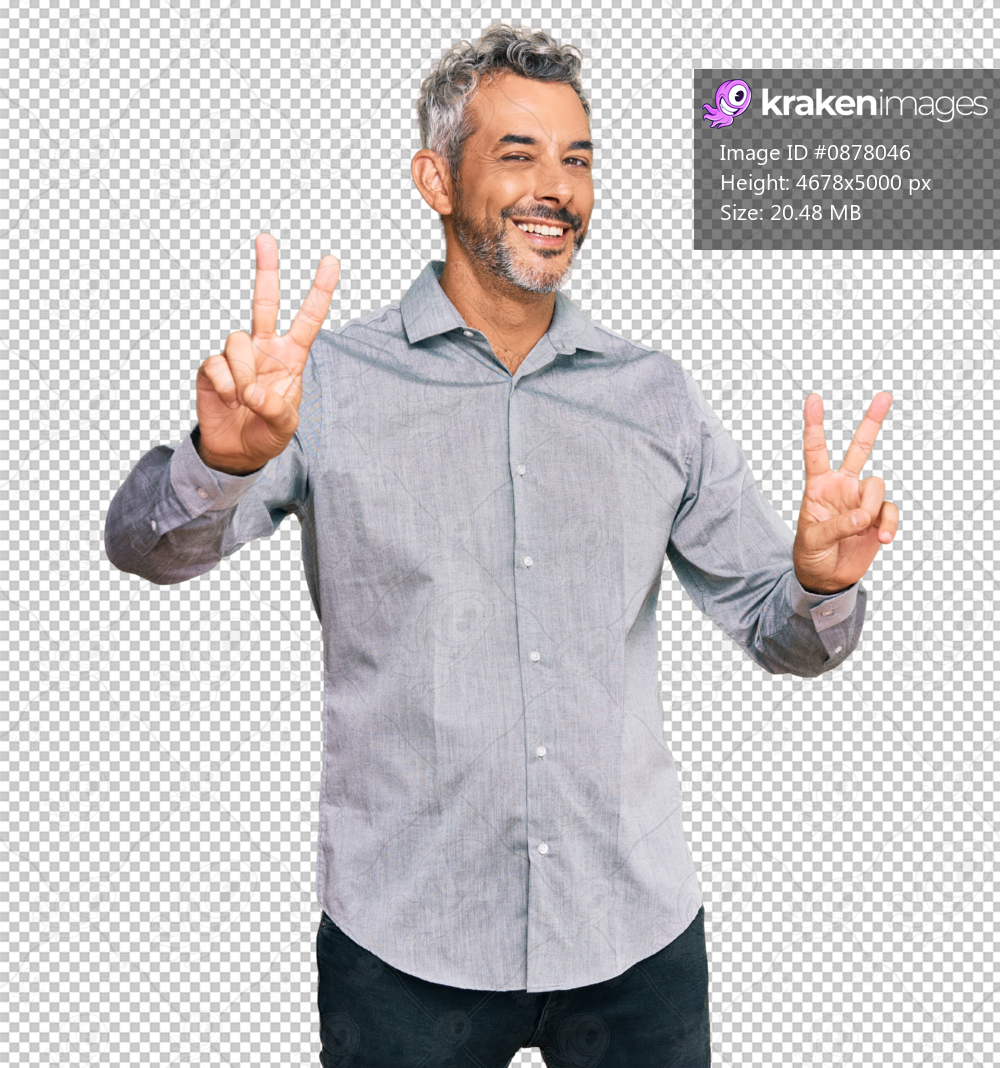 Middle age grey-haired man wearing casual clothes smiling looking to the camera showing fingers doing victory sign. number two.